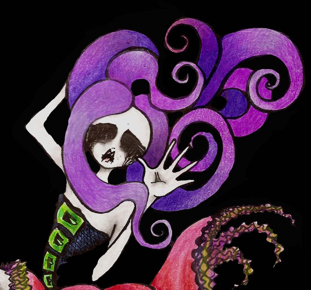Goth Girl art print 11" x 17" large purple hair corset picture big eye creepy cute illustration drawing colorful