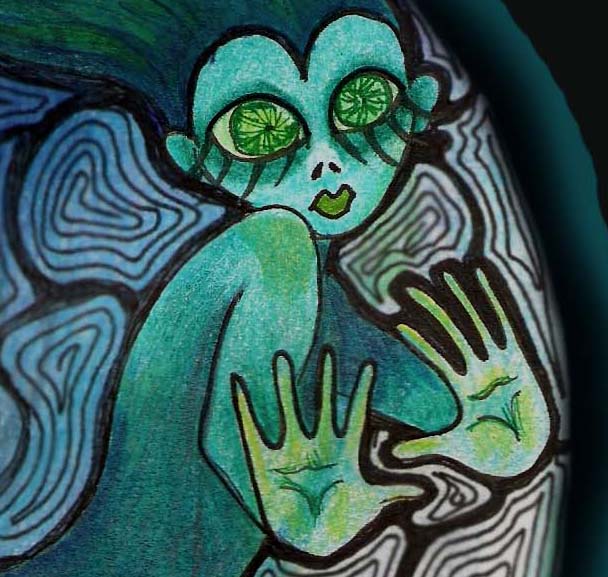 Creepy Fairy in a tear drop 11" x 17" large art print dark fantasy girl in raindrop weird drawing dark art big eye faery cute bizarre green blue