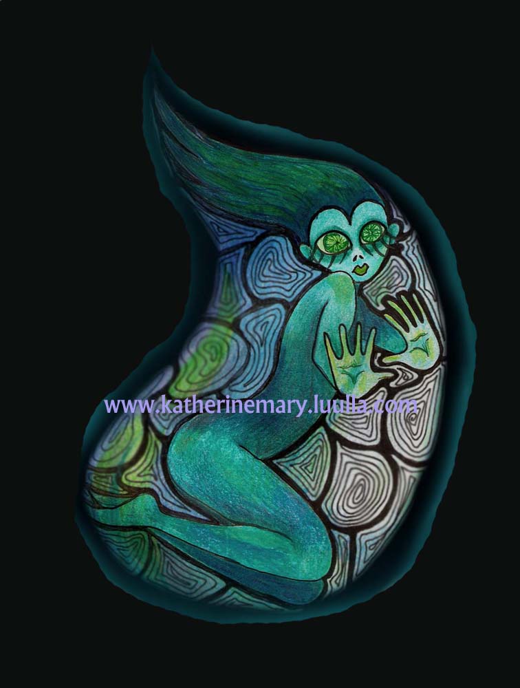 Fantasy Fairy 5 x 7 art print faery dark blue green black big eye weird strange drawing illustration creepy