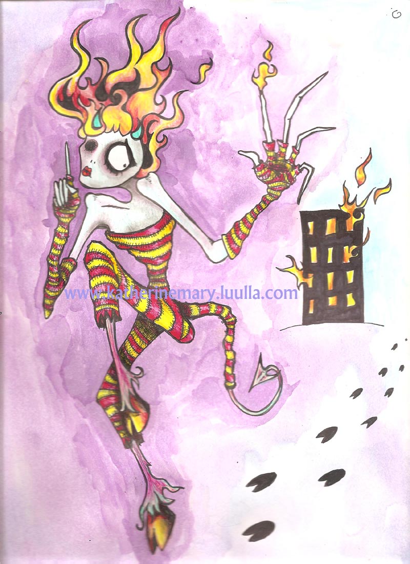 devil girl 5 x 7 art print creepy cute goth spooky dark fairy faery hell demons flames dark fantasy mythological creature