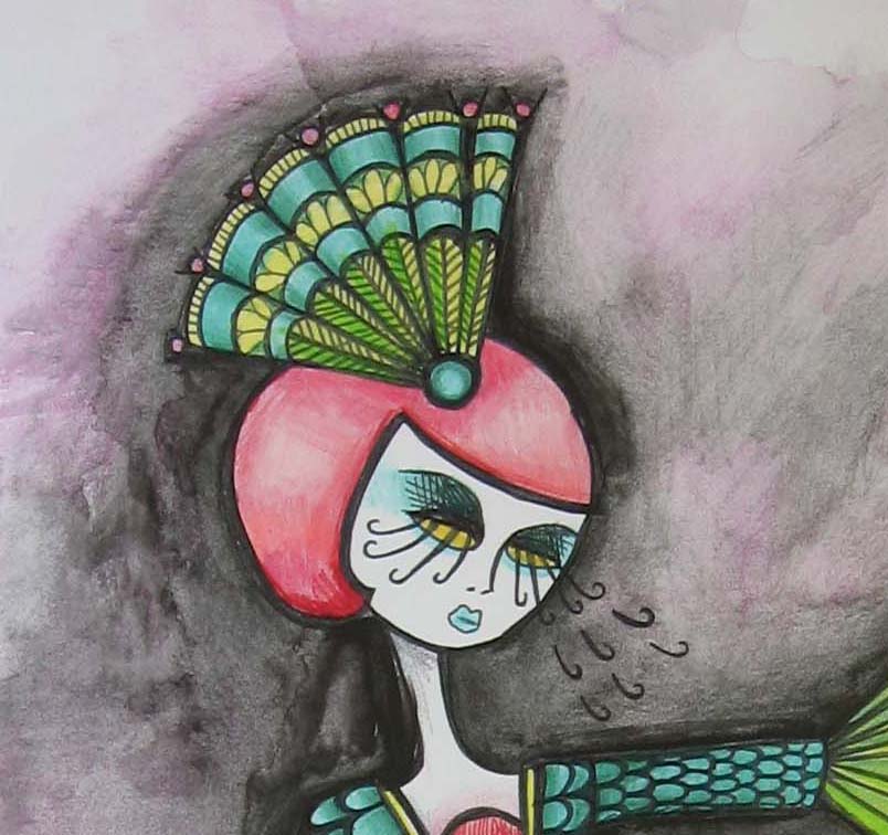art nouveau print 5 x 7 fantasy pink hair pretty lady fan dress ball gown geisha illustration drawing painting watercolor