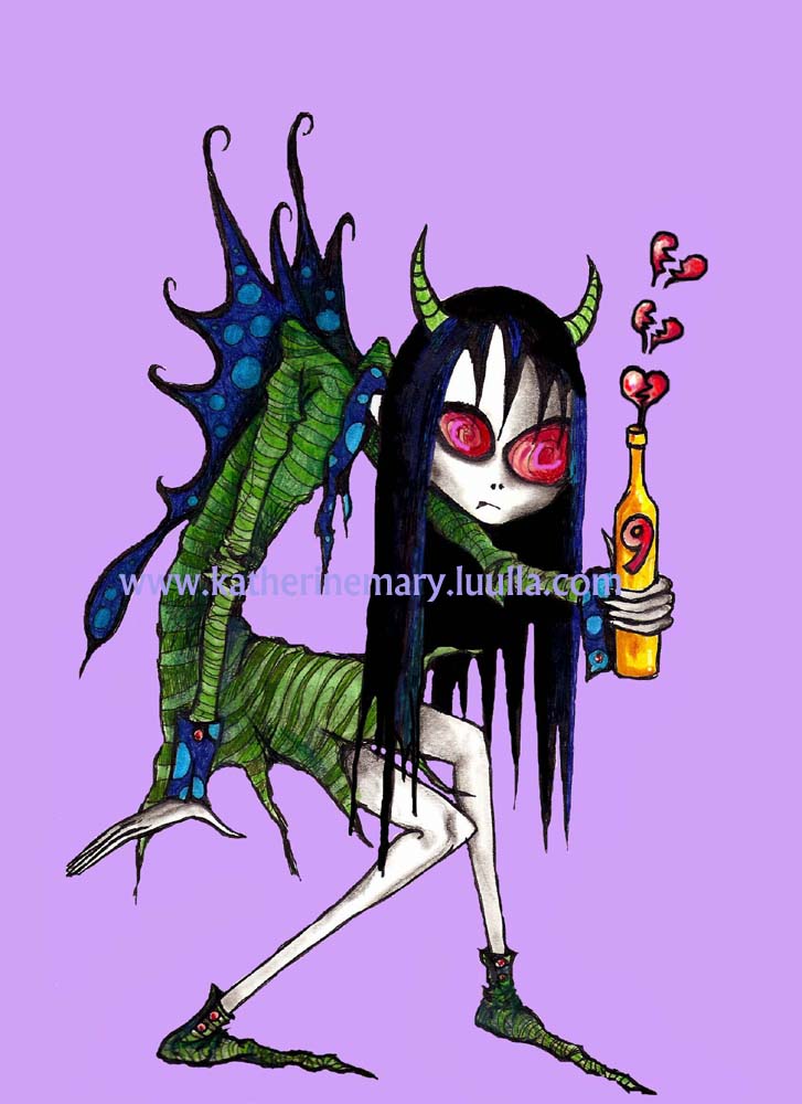 Dark Fantasy 5 x 7 art print goth fairy Feary love potion witchcraft creepy gothic devil girl hell evil creepy-cute spooky wings horns devil girl