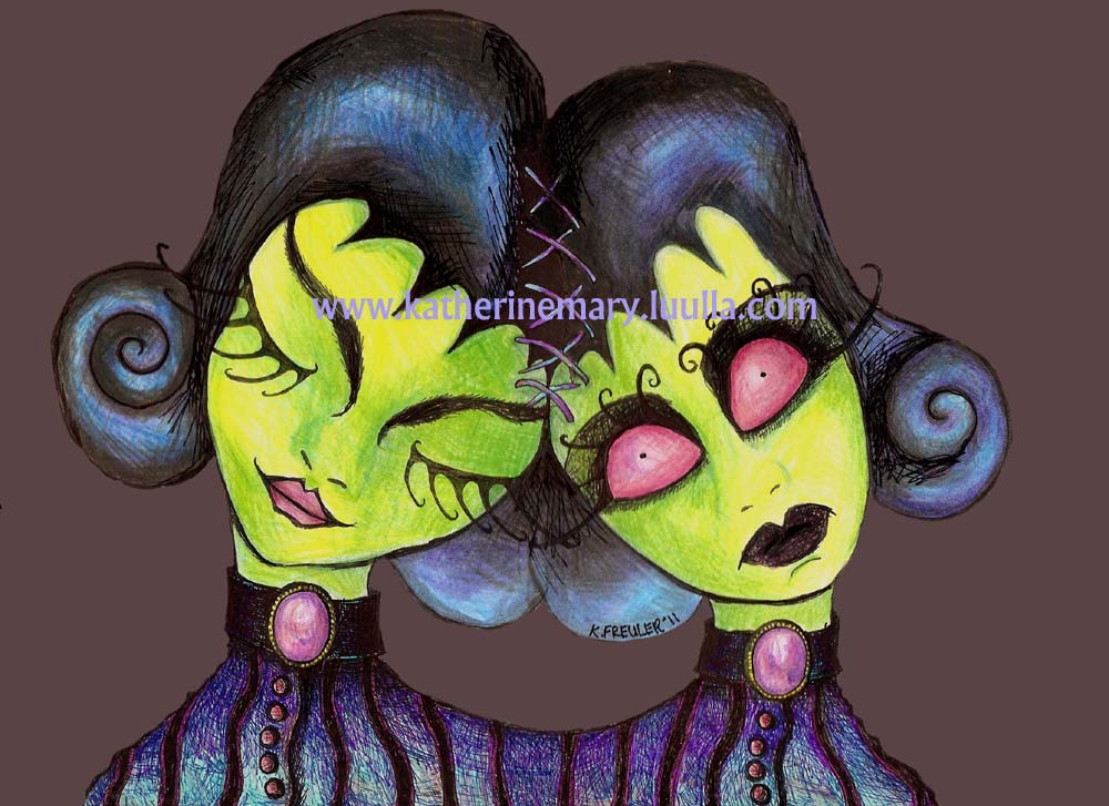 siamese twins 5 x 7 art print zombies dark fantasy fairy faery creepy gothic painting goth spooky hallowe'en bipolar gore horror